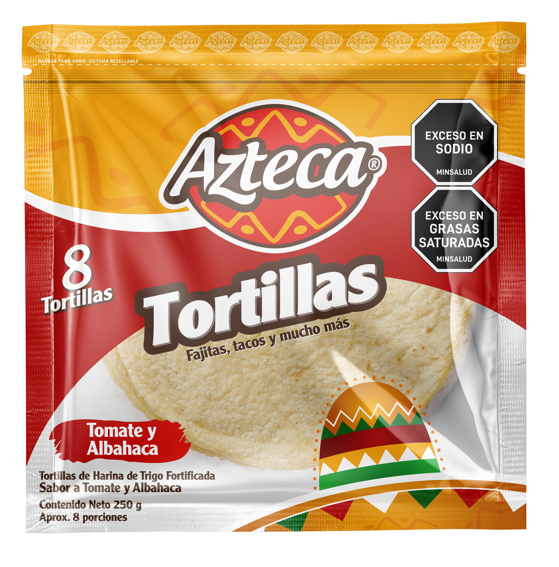 TORTILLA TOMATE Y ALBAHACA X 8 UNIDADES (250G) AZTECA